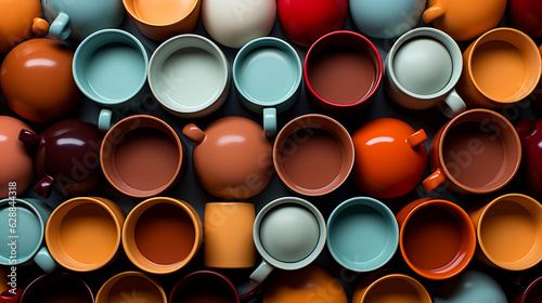 Overhead view of coffee mugs. Generative Ai