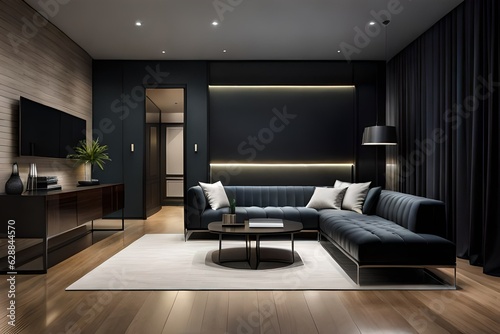 Dark luxury hotel living room interior with black empty wall
