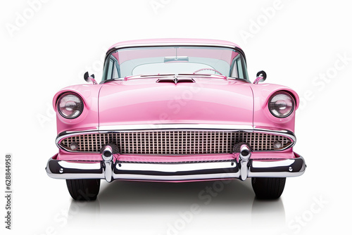 Vehiculo retro rosa descapotable, sobre fondo blanco. Ilustracion de ia generativa