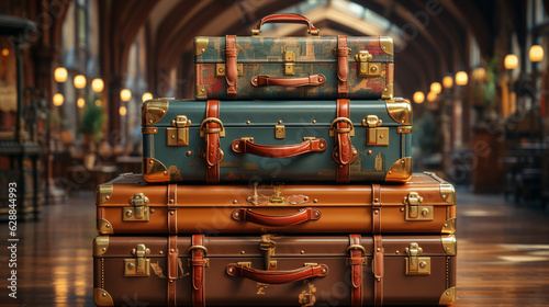 Vintage travel luxury luggage suitcases. Generative Ai
