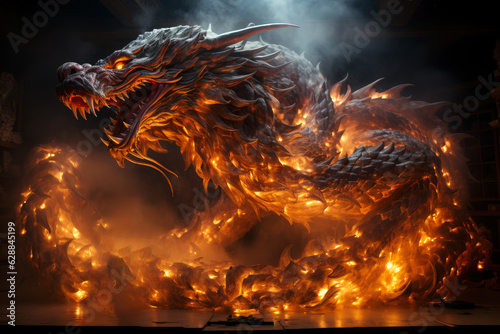 Ferocious fire-breathing dragon with big claws and fangs, a scary mystical creature