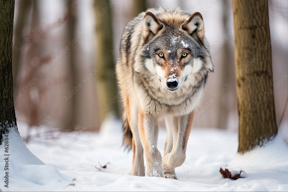 Lonely Winter Stalk: Majestic White Wolf Walking in Forest Snow (AR 3:2): Generative AI Lonely Winter Stalk: Majestic White Wolf Walking in Forest Snow (AR 3:2): Generative AI