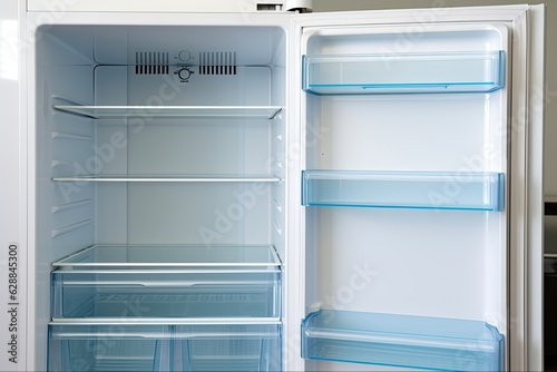 Clean and Empty White Refrigerator: Ideal for Fresh Weight Loss Diet Concept and Close-up of Refrigerator Shelves: Generative AI