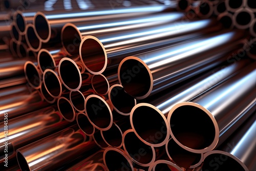 Many Shades of Metal Pipes. 3D Rendered Image of Steel and Stainless Tubes with Various Profiles and Metallic Finishes: Generative AI