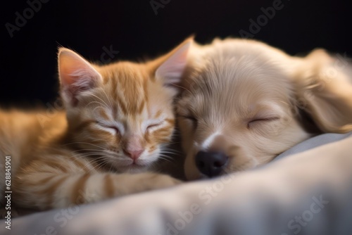 A cat and a dog sleeping on a bed