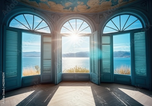 View from an open window with blue shutters of the Aegean sea  caldera  coastline