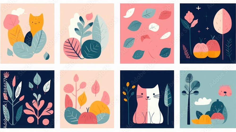 Cute spring collection of cute cards with cats. Decorative abstract illustrations with colorful doodles. Hand-drawn modern illustrations with cats, flowers, abstract elements. Abstract, Generative AI