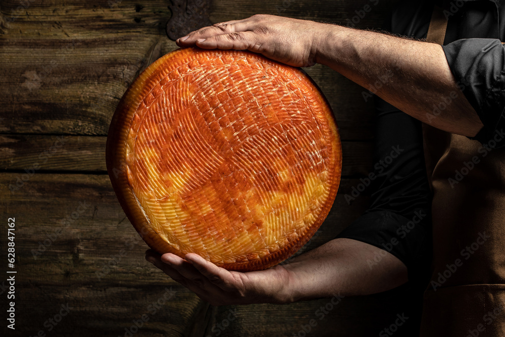 Big yellow cheese wheel in seller hands. cheese in man's cheesemaker hands. marble cheese Big yellow cheese wheel in seller hands. cheese in man's cheesemaker hands. marble cheese