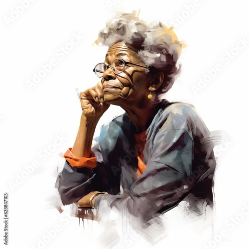 Black old woman in thinking and doubts oil painted illustration. Female character with dreamy face on abstract background. Ai generated acrylic canvas bright poster.