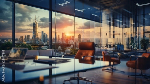 Interior of a beautiful modern office building with view of the metropolis. Generative AI © M. Media