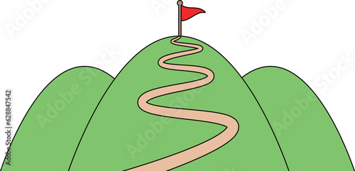 旗の立つ線画の山のイラスト