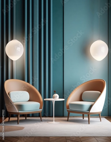Lounge area with chairs and sofa, couch minimalist style, concept with calm colors and round architecture. 3d render