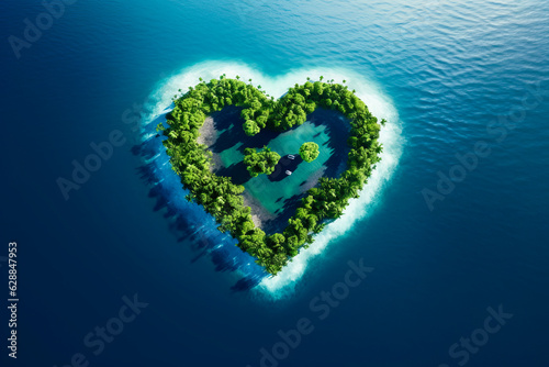 island in the ocean in the shape of a heart, surrounded by the ocean, a tropical island in the shape of a heart of love. AI generation © MM