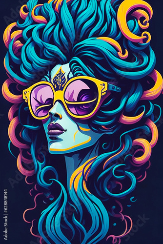 A detailed illustration of a Medusa wearing trendy sunglasses with dark gothic, leaf, and flower for a t-shirt design
