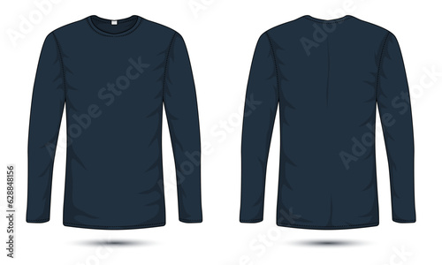 Long sleeve navy blue T-shirt mockup with front and back view