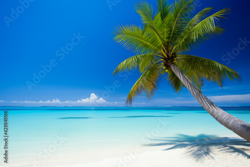 beach with palm trees and blue water, tropical island, beautiful in the world wallpaper, landscape and background. AI generation © MM