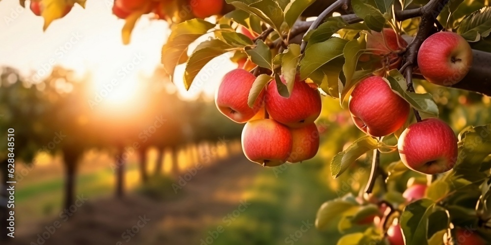 Fruit farm with apple trees. Branch with natural apples on blurred background of apple orchard in golden hour. Concept organic, local, season fruits and harvesting. Generative AI technology. - obrazy, fototapety, plakaty 