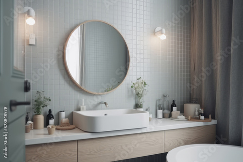 Interior of stylish bathroom. Light colors