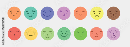 Abstract smile face icons. Cartoon round emoji avatars. Emoticon character set. Funny doodle isolated vector elements. Sad, angry, exhausted, shocked, confused faces.