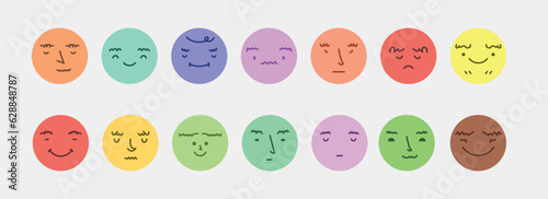 Abstract smile face icons. Cartoon round emoji avatars. Emoticon character set. Funny doodle isolated vector elements. Sad, angry, exhausted, shocked, confused faces.
