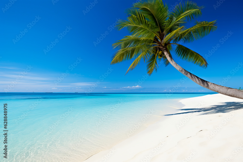 beach with palm trees and blue water, tropical island, beautiful in the world wallpaper, landscape and background. AI generation