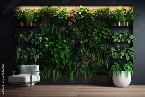 Lounge interior with comfortable armchair. Vertical garden - wall design of green plants. Architecture, decor, eco concept