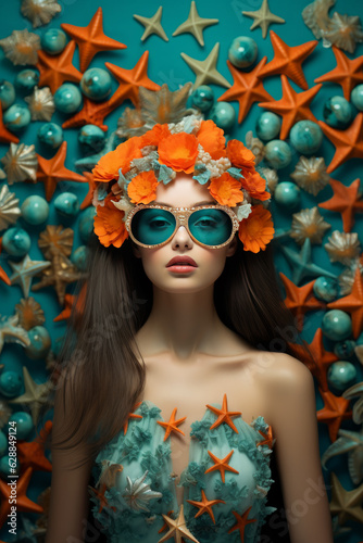 Portrait of a beautiful woman with starfishes decoration. Summer, sea, salon, fashion concept. AI generative, illustration