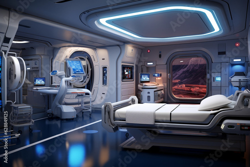 Create a state-of-the-art medical bay with diagnostic equipment, telemedicine capabilities, and a surgical area, ensuring astronauts receive prompt and advanced healthcare during t Generative AI