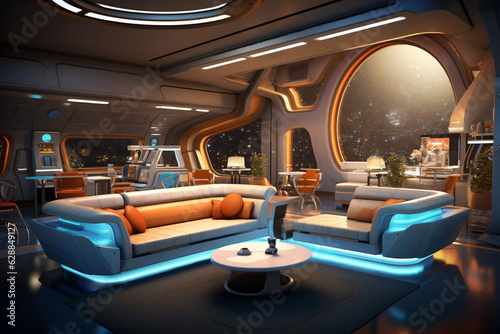Design a space station lounge with soft LED lighting, entertainment screens, and cozy seating, offering astronauts a place to relax, socialize, and enjoy entertainment during their Generative AI