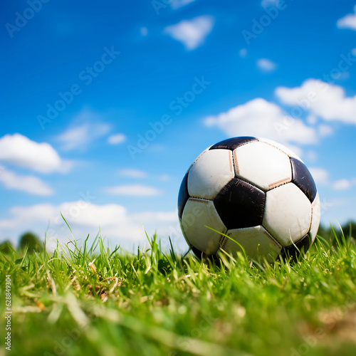 In the open blue sky on the green grass lie a soccer ball with which I play fun games in nature
