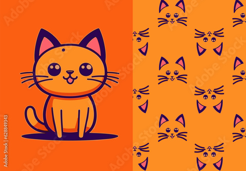 Seamless pattern and illustration for kid with monochrome cat. Cute design on pajamas mockup. Baby background for clothes, room birthday decor, t-shirt print, kids wear fashion, baby shower invitation