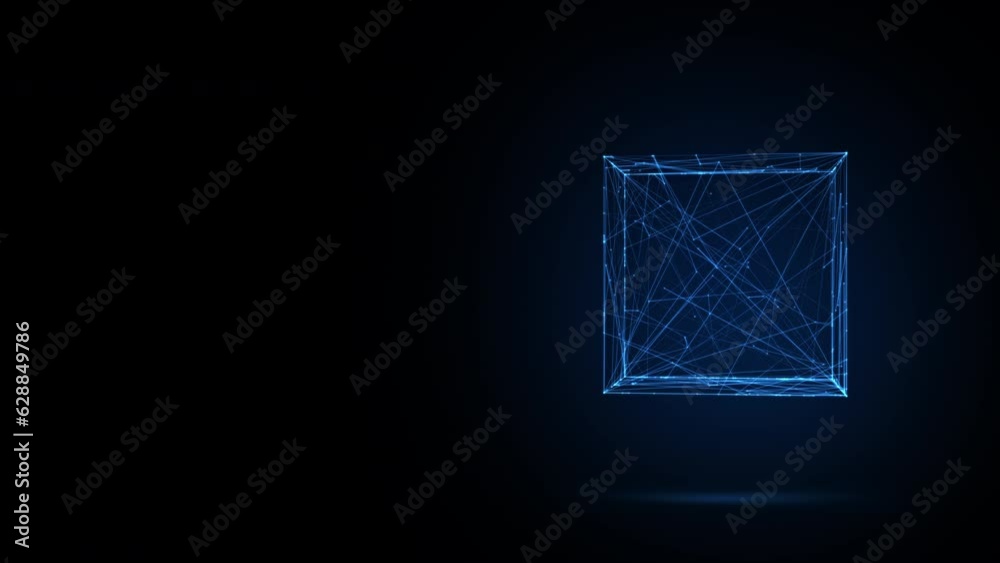 3D animation of future shape a rotating neon blue transparent cube from lines and dots, 4K abstract geometric animated background