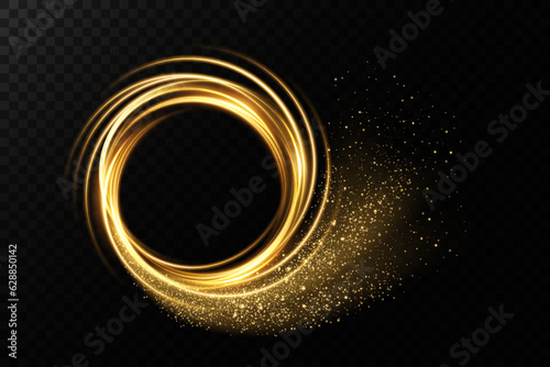 Light neon ring. Round shape with small dust trail particles and lights, shiny frame on an isolated and transparent background.