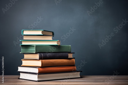 Stack of books and pencils on school table font of blackboard, Ai Generator.