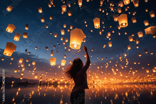 Young woman releasing a sky lantern into the night sky