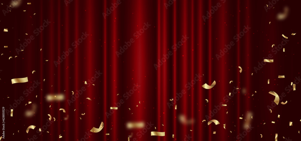 Red curtain background. Golden confetti banner and ribbon on white background. Celebration grand openning party happy concept. - obrazy, fototapety, plakaty 