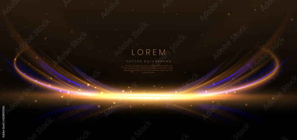 Obraz premium Abstract blue and gold curved light lines on dark brown background with lighting effect sparkle. Luxury template celebration award design.
