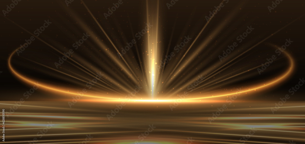 Abstract glowing gold diagonal lighting lines on dark  background with lighting effect and sparkle with copy space for text.