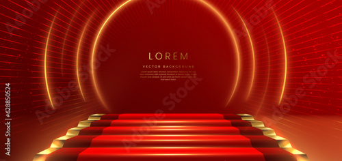 Elegant red stage with gold diagonal glowing lighting effect and sparkle. Template premium award design.