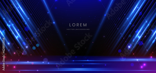 Abstract elegant dark blue stage background with blue neon line and lighting effect sparkle. Luxury template award design.