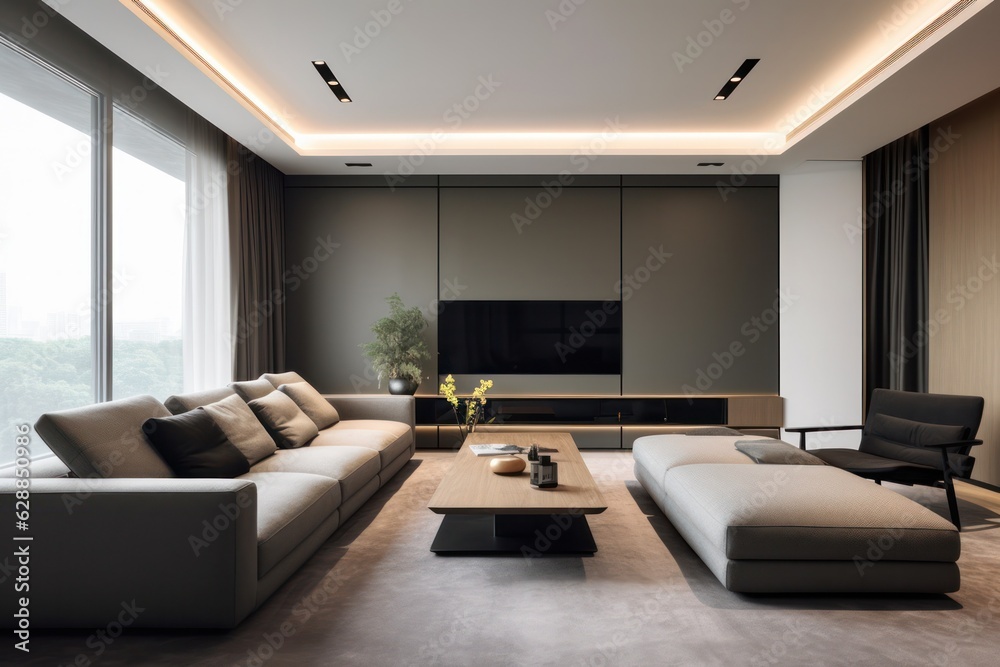 Lounge area with chairs and sofa, couch minimalist style, concept with calm colors and round architecture. 3d render Lounge area with chairs and sofa, couch minimalist style, concept with calm colors and round architecture. 3d render