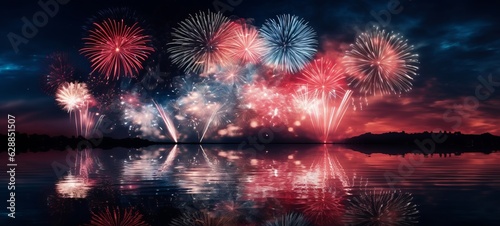 USA america united states new year or Independence Day 4th of July celebration holiday background banner panorama greeting card - Firework landscape, sky and reflection in the lake (Generative Ai)