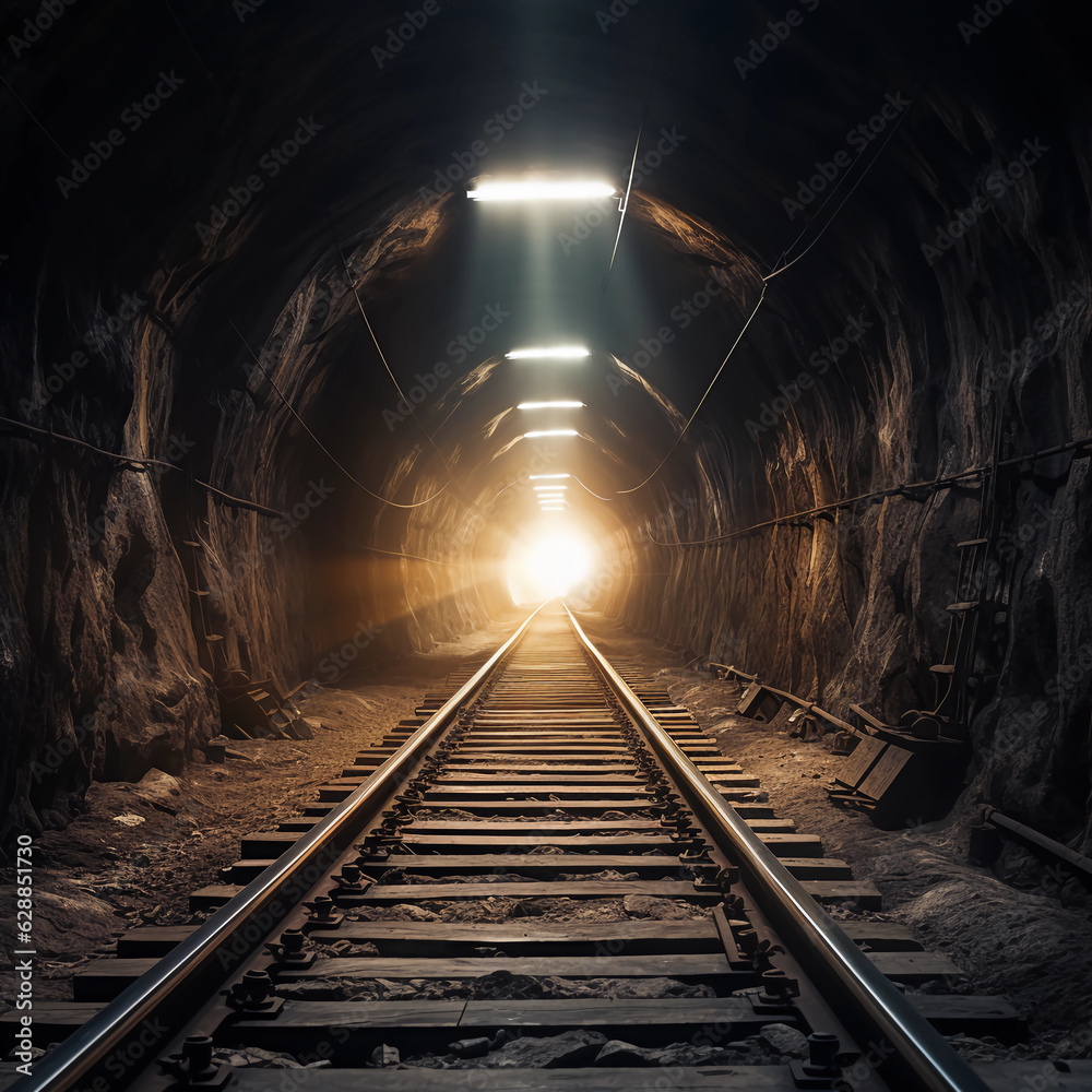 A tunnel from which a white light emerges with railroad tracks on which a train travels