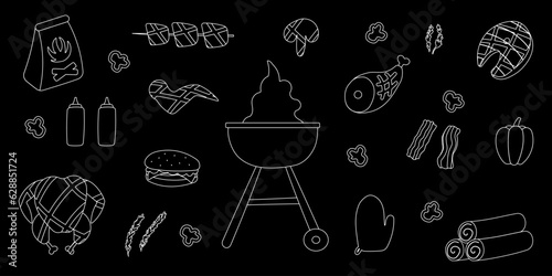 bbq grill party line doodle elements set