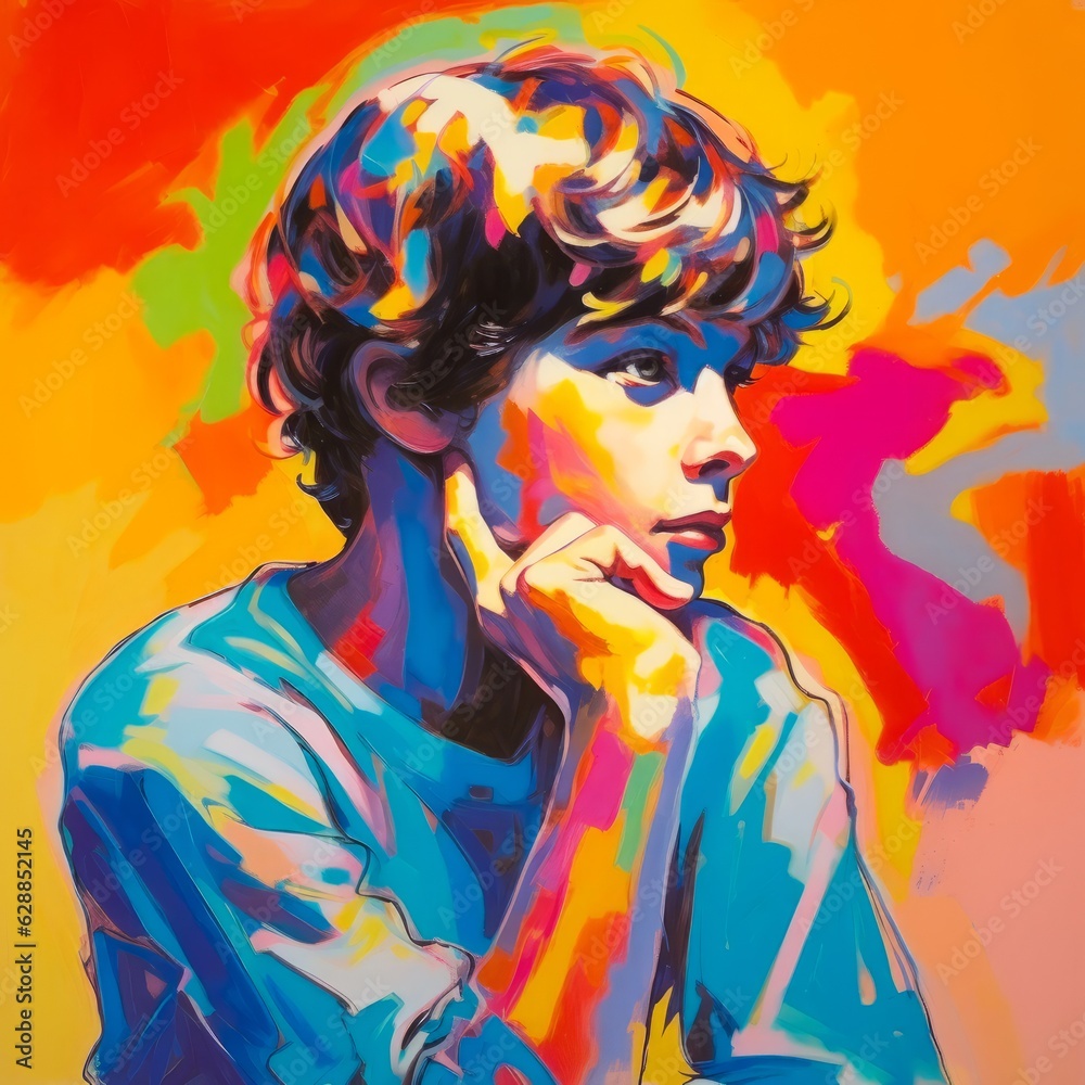 White boy in thinking and doubts pose oil painted illustration. Male character with dreamy face on abstract background. Ai generated acrylic canvas bright poster.