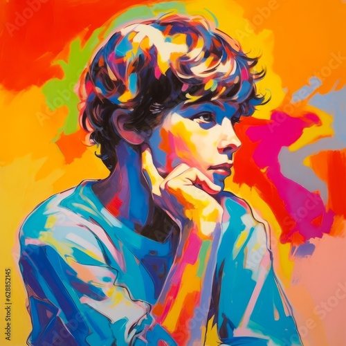 White boy in thinking and doubts pose oil painted illustration. Male character with dreamy face on abstract background. Ai generated acrylic canvas bright poster. © Vector Juice