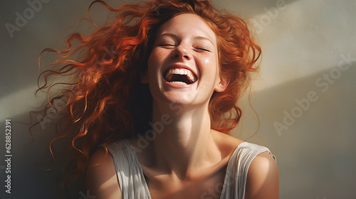 a close-up of a woman laughing with joy