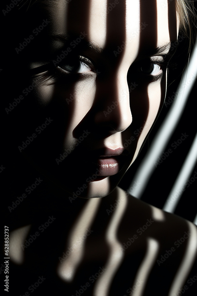 the lone woman in this image is reflected in a series of strips that form her eyes the lone woman in this image is reflected in a series of strips that form her eyes