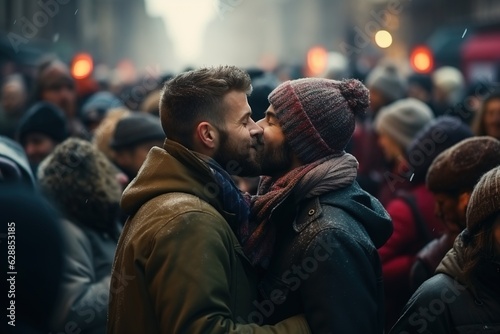 A couple kissing in a crowd on the street. A gay couple. It is winter. The couple is wearing winter clothes.