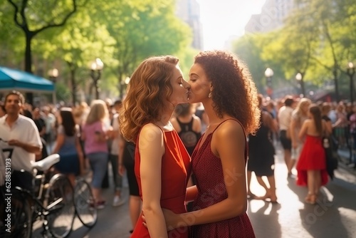 A couple kissing in a crowd on the street. A lesbian couple. It is summer. The couple is wearing summer clothes.